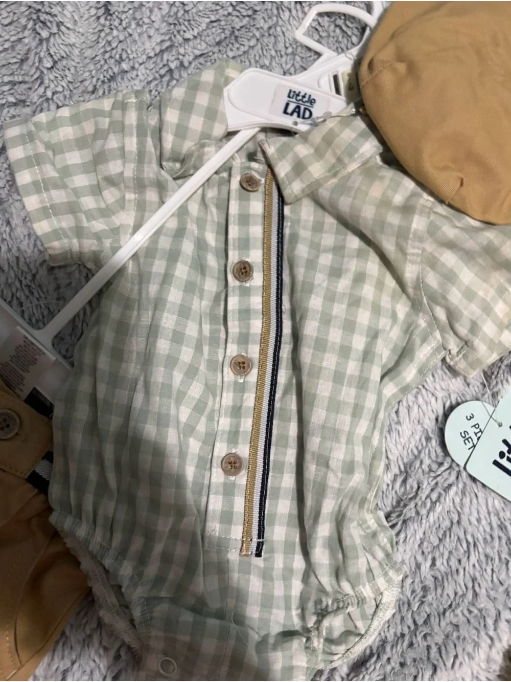 Little Lad Green Gingham Button Baby Romper with Tan Shorts & Cap 0-3 M
